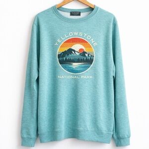 Lone Rock Yellowstone National Park Teal Graphic Crew Granola Girl Sweatshirt L
